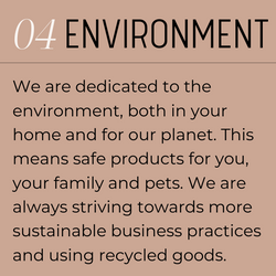 4. Environment. We are dedicated to the environment, both in your home and for our planet. This means safe products for you, your family and pets. We are always striving towards more sustainable business practices and using recycled goods.